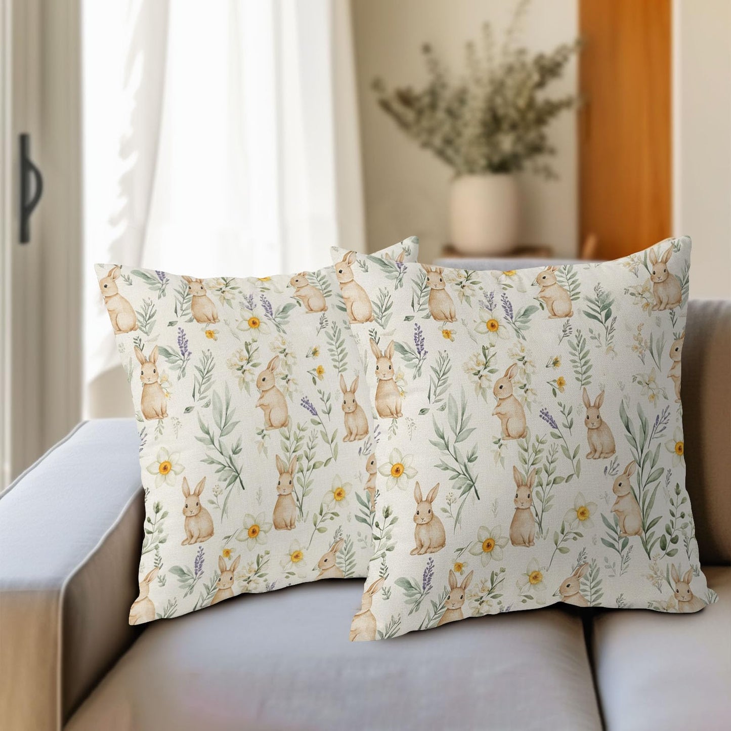 Kawani Easter Spring Pillow Covers 18X18 Inch Bunny Floral Botanical Green Leaf Rabbit Decorative Pillow Cases Set of 2 Holiday Farmhouse Throw Pillows for Sofa Couch Outdoor