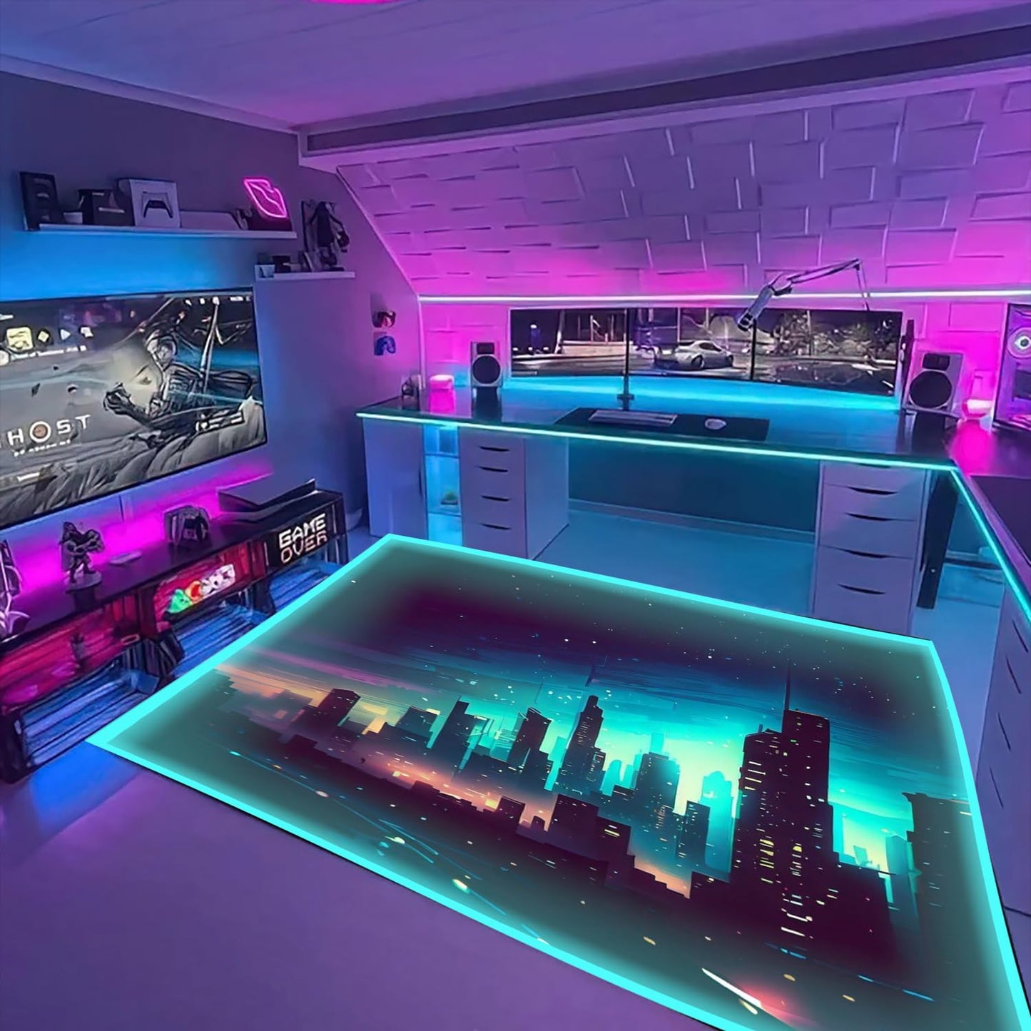 DEALZOOM Gaming Rug RGB LED Light (3x5 Skyline) - Bedroom Gamer Rug Floor Mat Gaming Decor - Kids Room Rug Anti Slip Mat for Gamer Chair – Play Game Room Décor for Teen, Boys, Kids