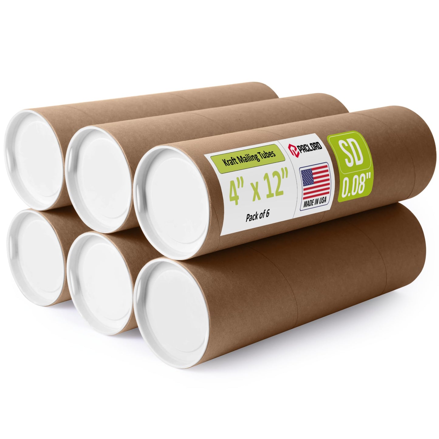 4" x 12" Reinforced Kraft Paper Mailing Tube, Pack of 6 Tubes with 12 Caps – Secure USPS Approved Poster Tube – Made in USA Cardboard Tube for Shipping and Storing Posters, Prints, Artwork
