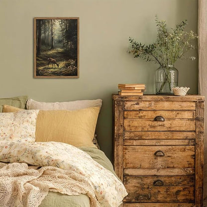 Framed Vintage Forest Deer Canvas Wall Art, Rustic Nature Landscape Paintings Wall Decor, Woodland Animal Pictures Prints Cottagecore Home Decor for Living Room Bedroom Office 16x24 inch