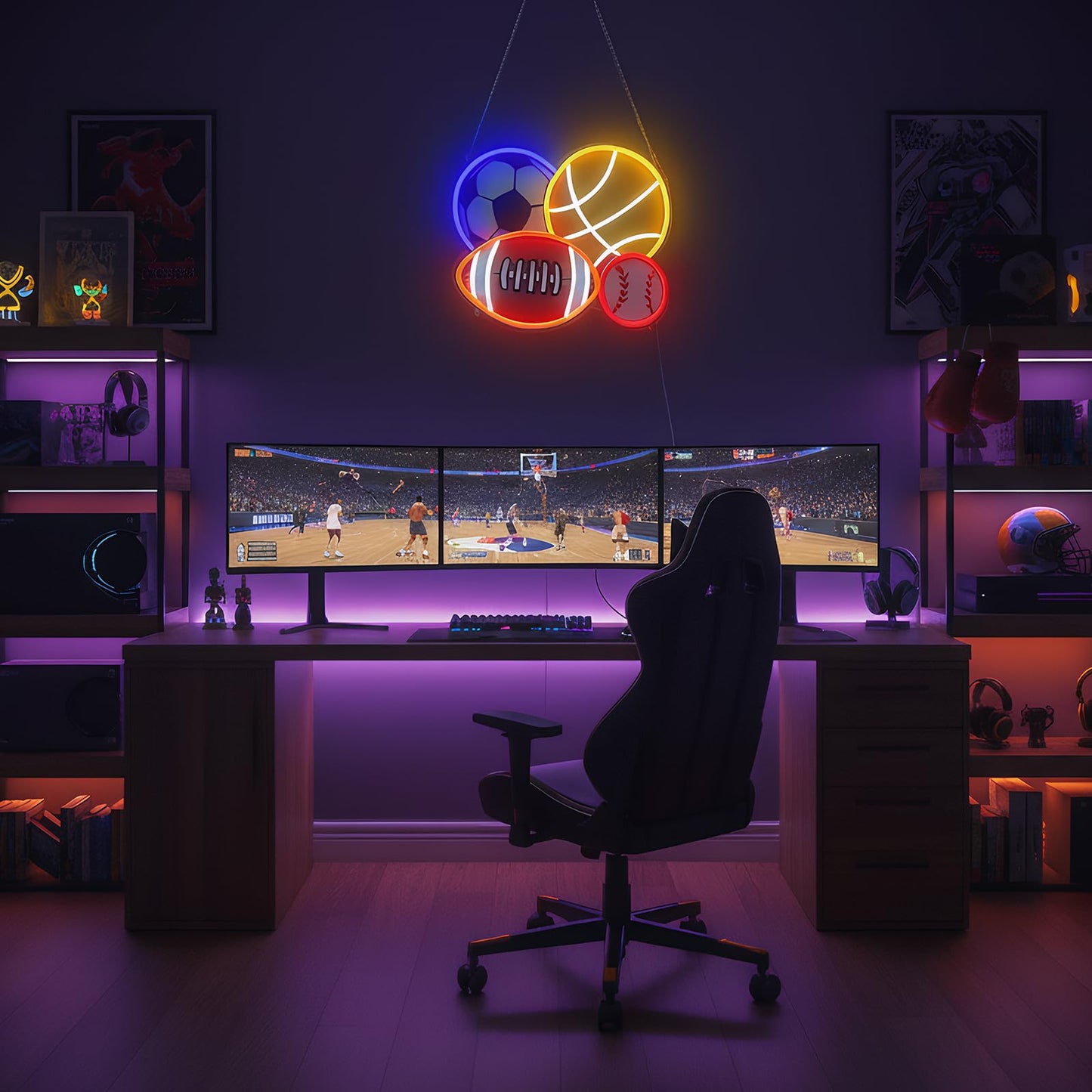 4 Ball Sport Neon Sign, Soccer Basketball Baseball Football Neon LED Light Wall Decor with Printed Design, Sports Themed for Boy's Bedroom Playroom Man Cave Home College Club Birthday Party Decor