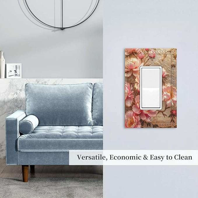 Pink Blooming Flowers Peonies Floral Single Decora Outlet Wall Plate 1 Gang Rocker Decorative Switch plate Faceplate GFCI Light Switch Covers for Farmhouse Living Decor