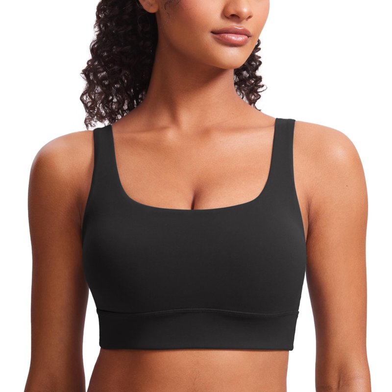 CRZ YOGA Butterluxe Womens U Back Sports Bra - Scoop Neck Padded Low Impact Yoga Clothes Workout Crop Top with Built in Pads Black X-Large