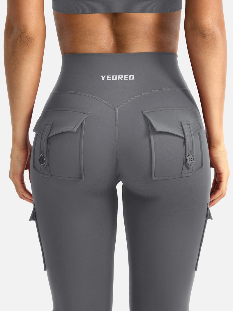 YEOREO CoreFlex Women Workout Flare Leggings with Pockets Hidden Scrunch High Waisted Cargo Gym Yoga No Front Seam Leggings Grey XXL