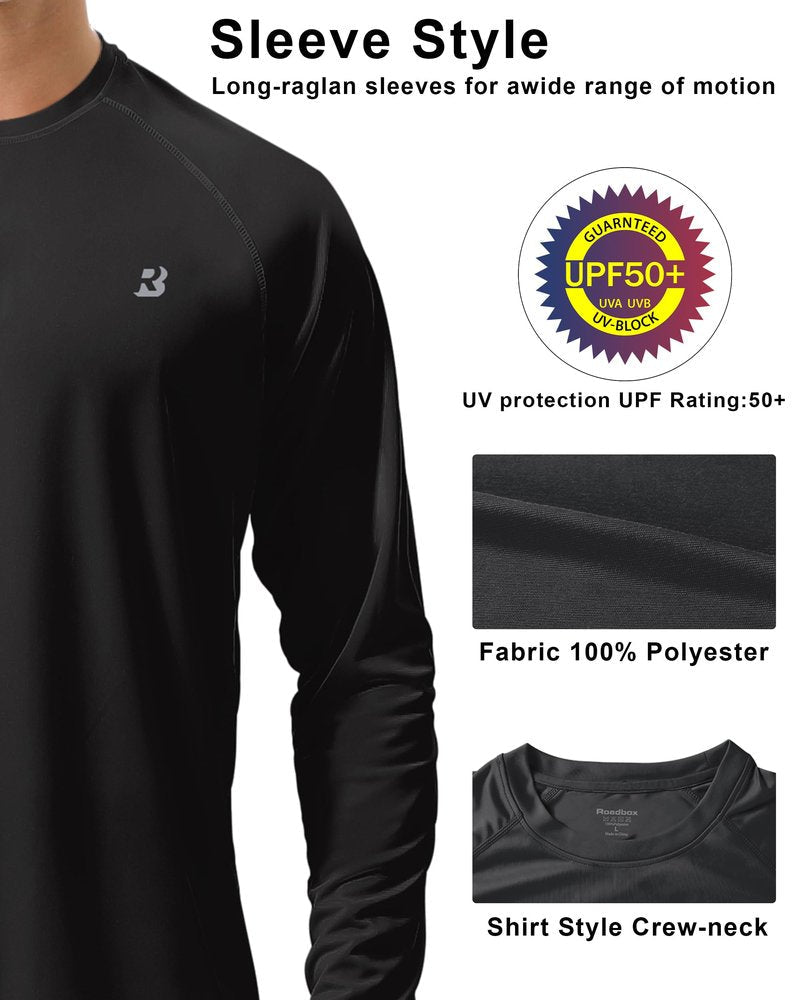 Roadbox Mens UPF 50+ UV Sun Protection Shirts Outdoor Long Sleeve SPF Diving Rash Guard for Fishing Hiking Swimming Black