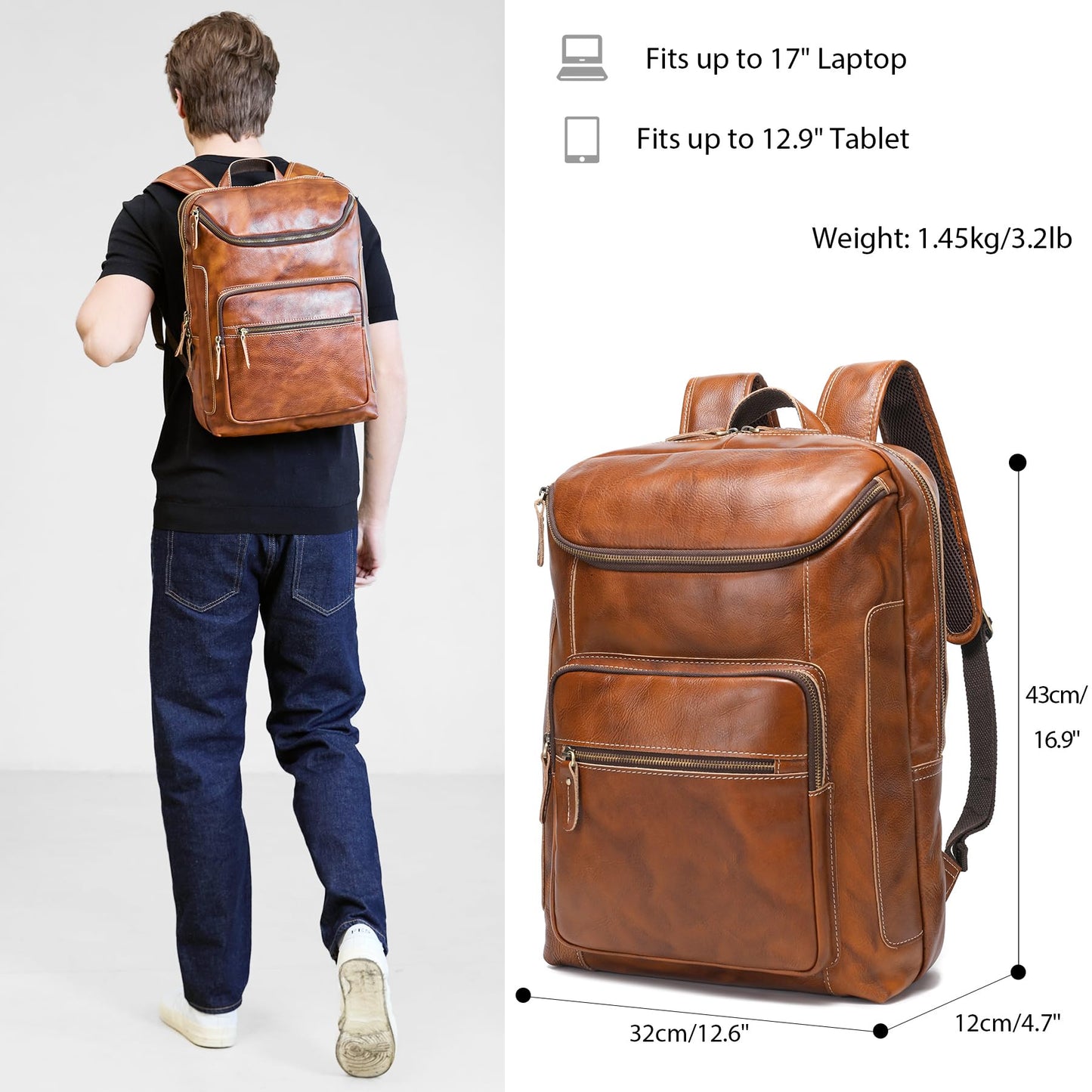 LANNSYNE Vegetable Tanned Leather Backpack For Men, 17" Laptop Backpack, Casual Outdoor Business Travel Rucksack, YKK Zippers