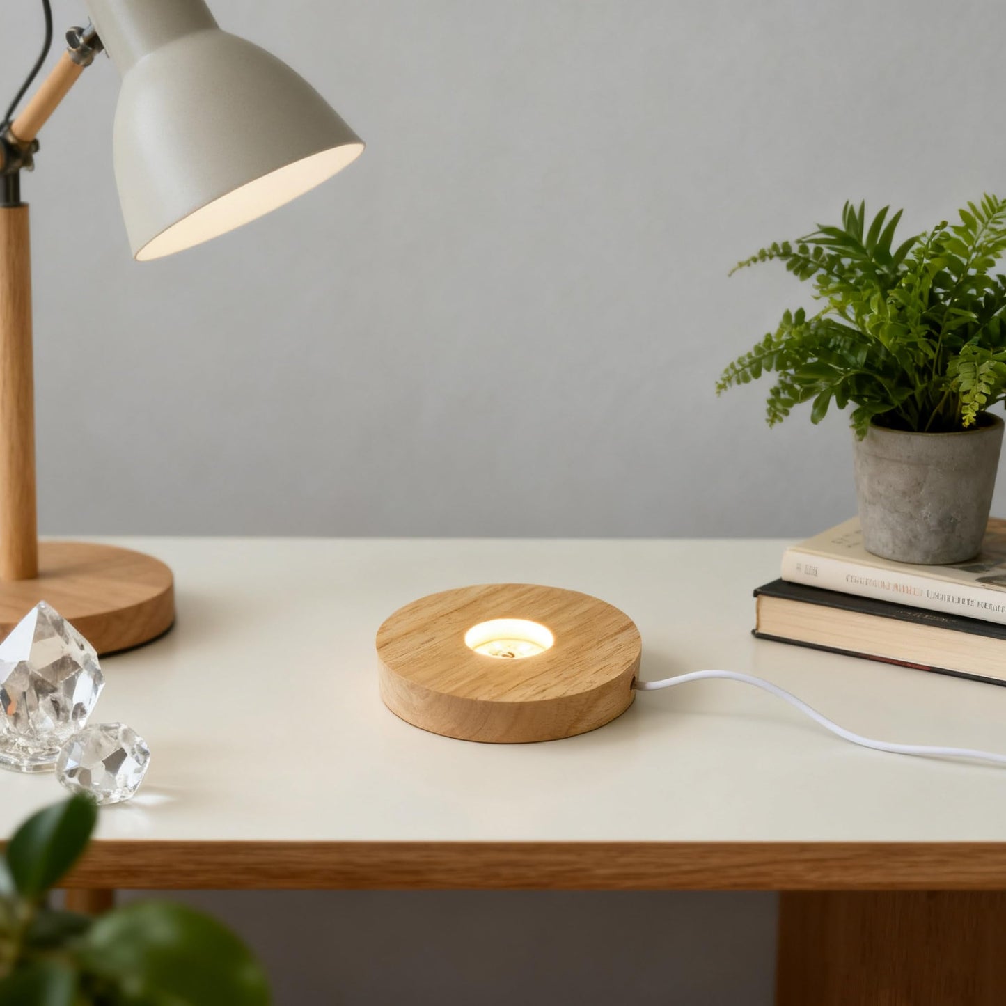 vskikris Wooden LED Light Display Base, Round Lighted Lamp Stand Desk Table Holder (with USB Cable Switch) - Warm Light Version for Crystal, Glass, Acrylic, 3D Resin Lamp Models