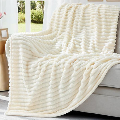 decorUhome Soft Fleece Cream White Twin Blanket for Bed, Cozy Fluffy Plush Flannel Striped Throws for Couch Sofa, Lightweight Decorative Ribbed Fuzzy Blanket for Woman, 60x80 Inches