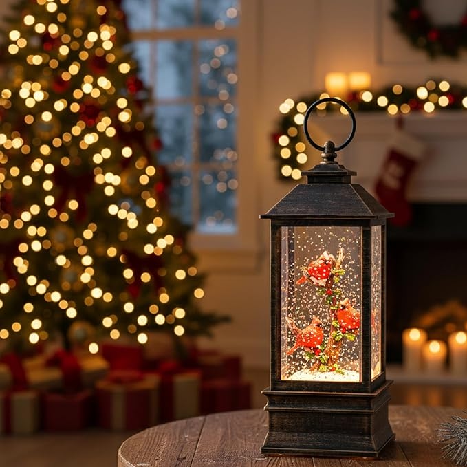 Christmas Snow Globe Lantern Water Glittering 10'' Cardinal with Music & Timer, USB Lined/Battery Operated Lighted Lantern for Christmas Festival Decoration Gifts