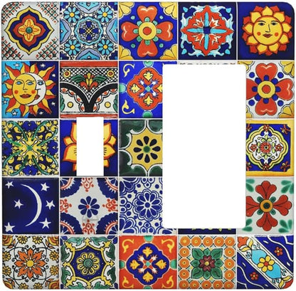 Traditional Colorful Talavera Mexican Spanish Moroccan Tiles 2 Gang Combination Light Switch Cover Decorative Toggle Rocker/Decora Wall Plate Electrical Faceplate for Bathroom Kitchen Home Decor