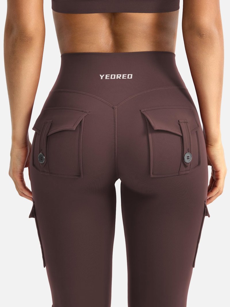 YEOREO CoreFlex Women Workout Flare Leggings with Pockets Hidden Scrunch High Waisted Cargo Gym Yoga No Front Seam Leggings Brown XL