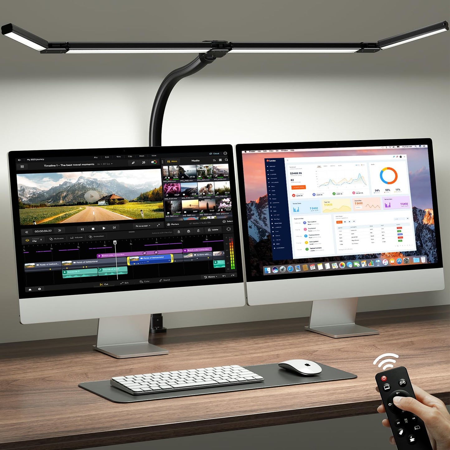 ONEMIX 42" LED Desk Lamp with Clamp, Architect Desk Light with Remote, Adjustable 4-Segment Bar, 1800LM Bright, Eye-Caring Desk Lamp for Home Office, Reading, Study, Dual Monitors, Workbench(Black)