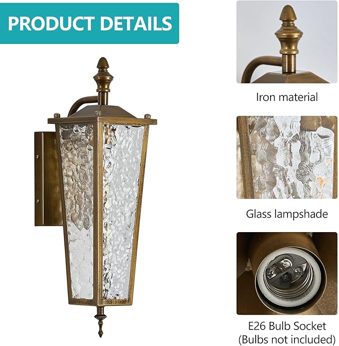 Outdoor Wall Light,Vintage Gold E26 Base 16.7in - Exterior Waterproof Lantern Metal with Clear Glass,Farmhouse Porch Sconce Wall Mount Lighting,for Garage,Patio,Front Door,Entryway
