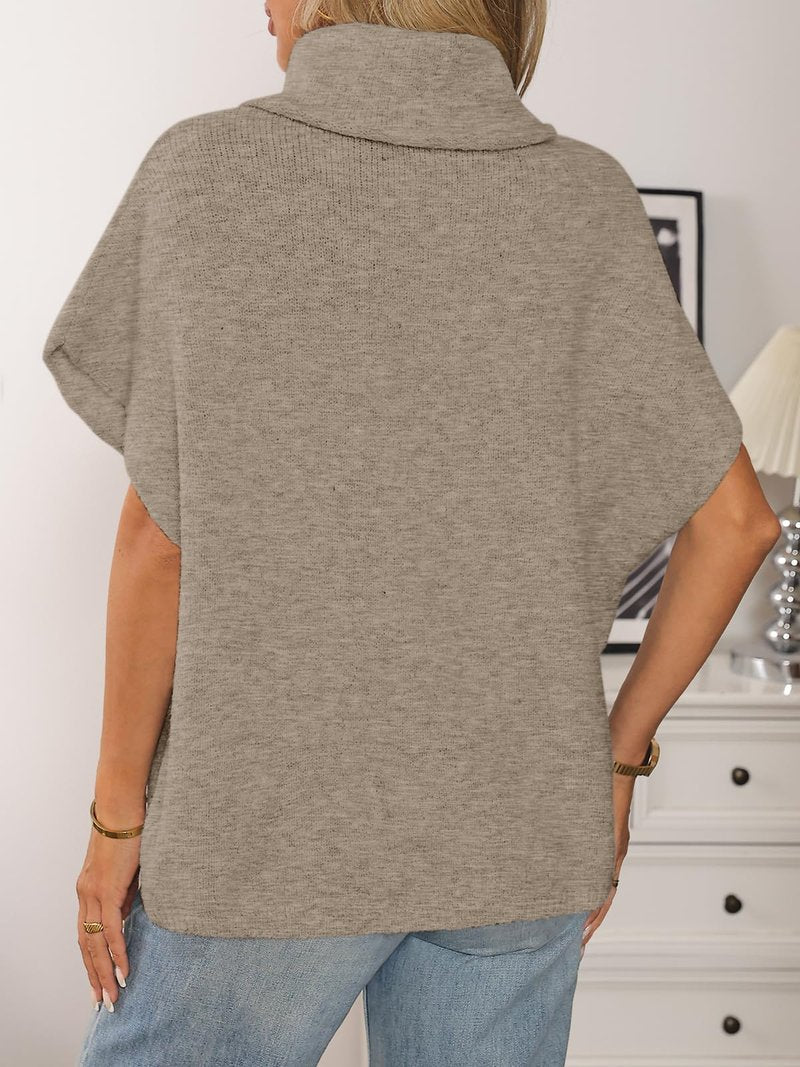 LILLUSORY Women's Mock Turtleneck Oversized Sweaters Cozy Short Batwing Sleeves Tops Fall Winter Loose Fit Chunky Clothes CoffeeGrey One Size