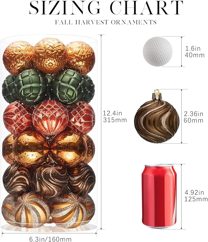 JORNOY Fall Ornaments for Tree, Shatterproof Plastic Baubles with Lanyard, Classic Autumn Hanging Balls Set for Thanksgiving Christmas Home Decor, 2.36 inch/60mm, Orange