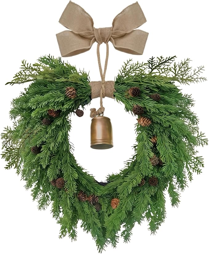 Christmas Wreath for Front Door, Heart-Shaped Holiday Wreath with Bell & Real Pine Cones, Artificial Green Leaves for Indoor & Outdoor Wall Decor, Garden Party Decoration (20 inches)