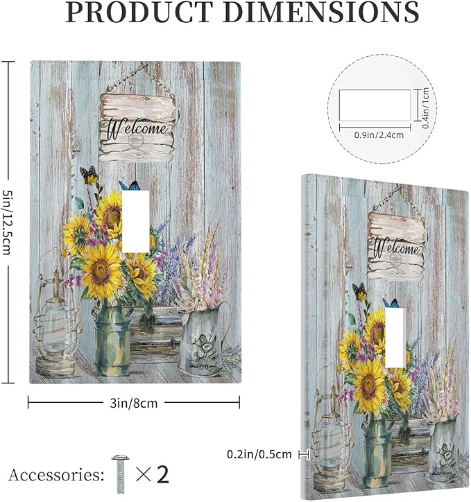 Sunflower Vintage Barn Wooden 1 Gang Single Toggle Light Switch Covers Sun floral Decorative Wall Plate Switchplate Electrical Faceplate Farmhouse Home Livingroom Decor