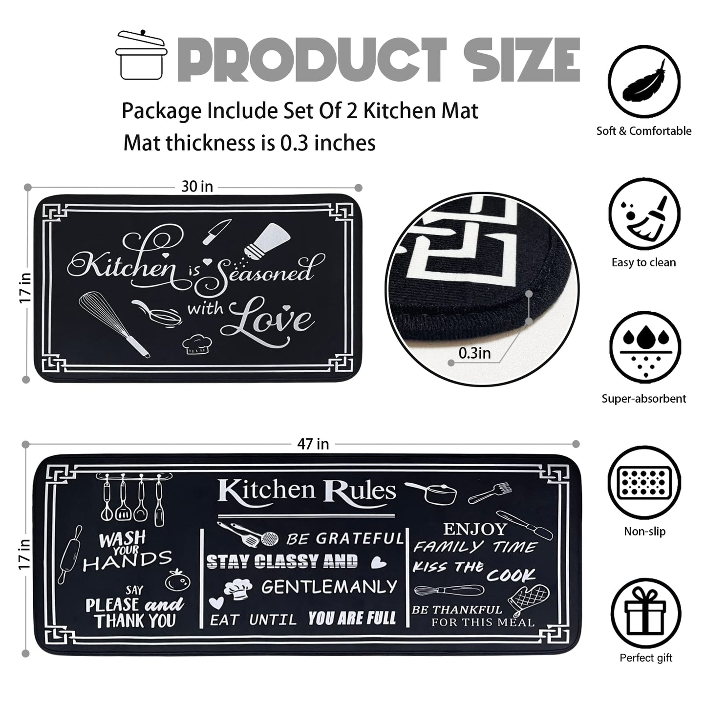 Voanos Black and White Kitchen Rugs,Non Skid Washable Microfiber mats for Kitchen Floor,Kitchen Rules Theme Cushioned Runner Rug Decor Sets of 2,Size 17"x 47"+17"x 30"