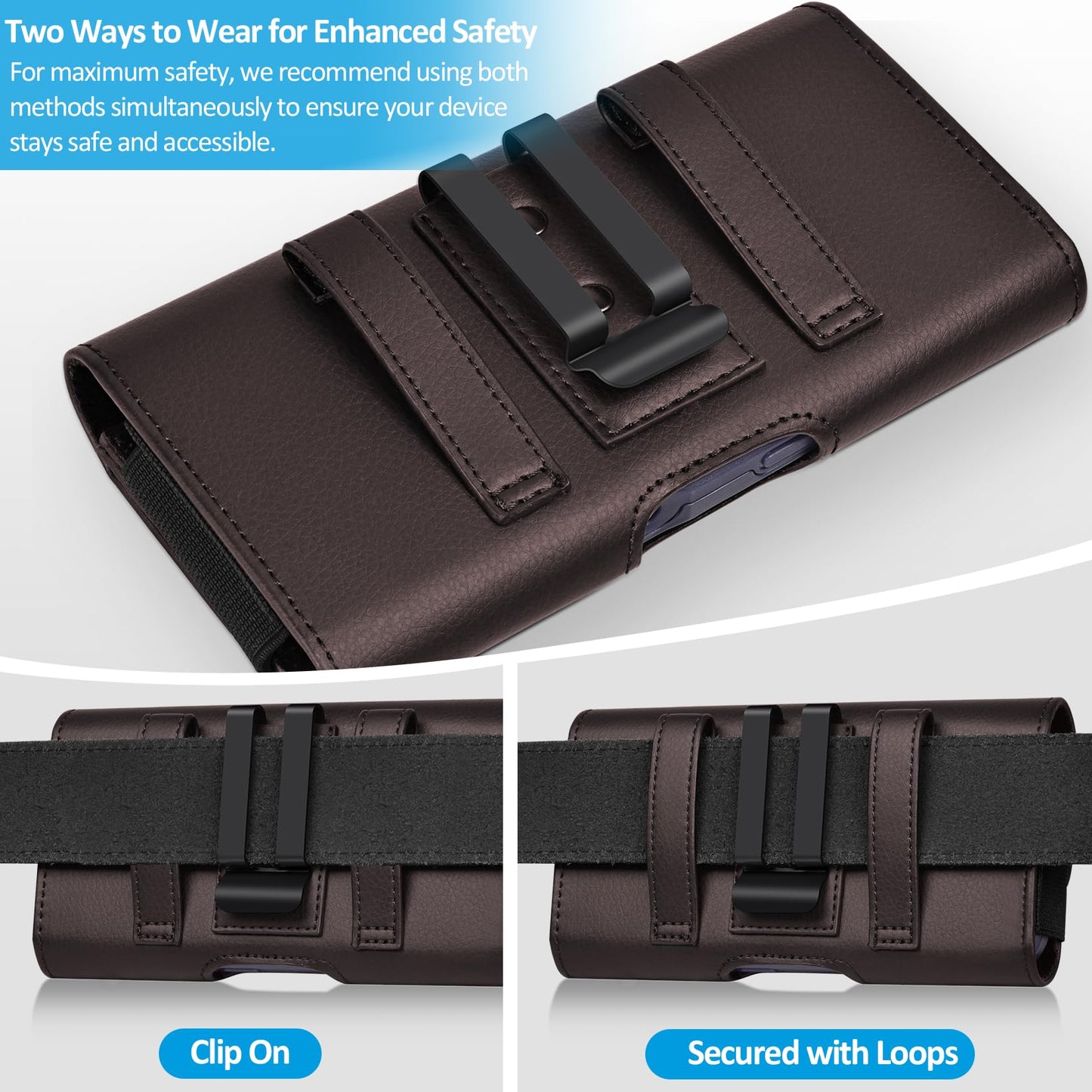ACCKUO Leather Phone Holster with Strong Metal Belt Clip and Card Holder Compatible with iPhone 17 16 15 14 13 12 and Pro, Galaxy S26 S25 S24 S23 S22 S21 S20 for Everyday Protection, M-Coffee