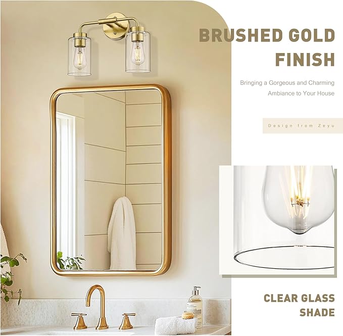 zeyu 14.4 Inch Vanity Light Fixture, Vintage Bathroom Lamp, Gold Bathroom Light Fixtures with Clear Glass Shade, Brushed Gold Finish, ZS62B-2W BG