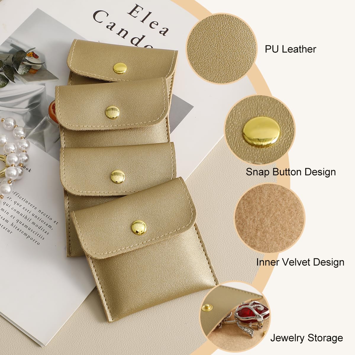 40pcs PU Leather Small Bags for Jewelry 8 x 8cm Snap Button Jewelry Packaging Bag Gold Luxury Small Favor Bags Jewelry Gift Bags for Earrings Necklaces Bracelet Ring