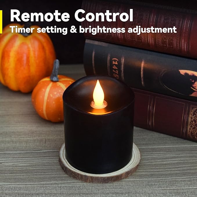 Black Flameless LED Candles - 3" x 3" Real Wax, Battery Operated with Remote Timer, 3D Flickering, Lasts 600+ Hours, Halloween & Christmas Deco (Black, 3"*3"-1pcs)