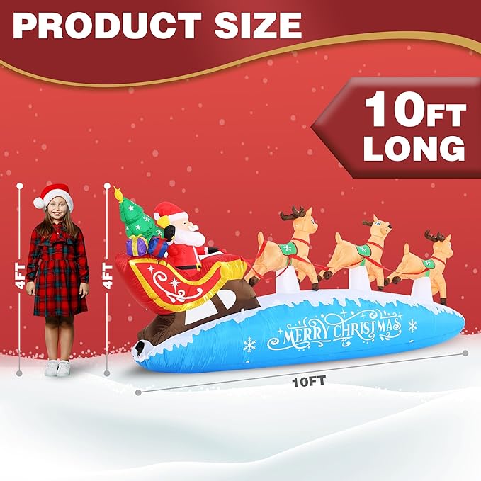 ZPISF 10 FT Santa Sleigh with Reindeer Christmas Inflatables Outdoor Decorations, Christmas Blow Up Yard Decorations for Garden Lawn Xmas Decor (Blue)