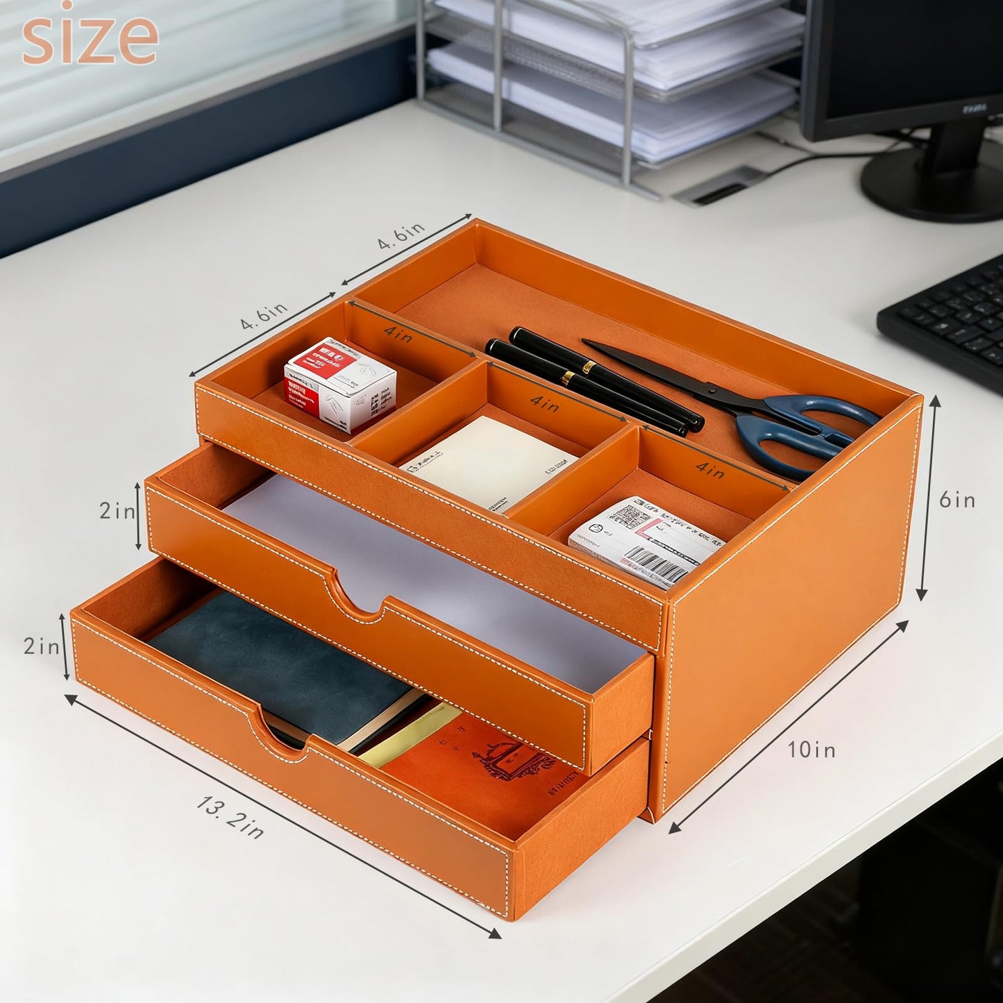 Household Multifunctional Desktop Storage Cabinet, Office file Cabinet Made of Leather, Drawers and Four Separate Organizers, Storage Box on the Bedside Table in the Room (brown)