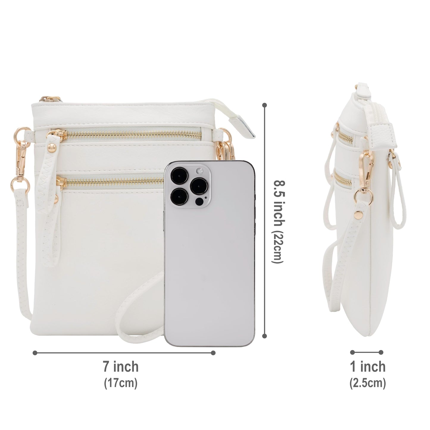 Solene Women's Faux Leather Organizer Multi Zipper Pockets Handbag With Detachable Wristlet Crossbody Bag-WU002(White)