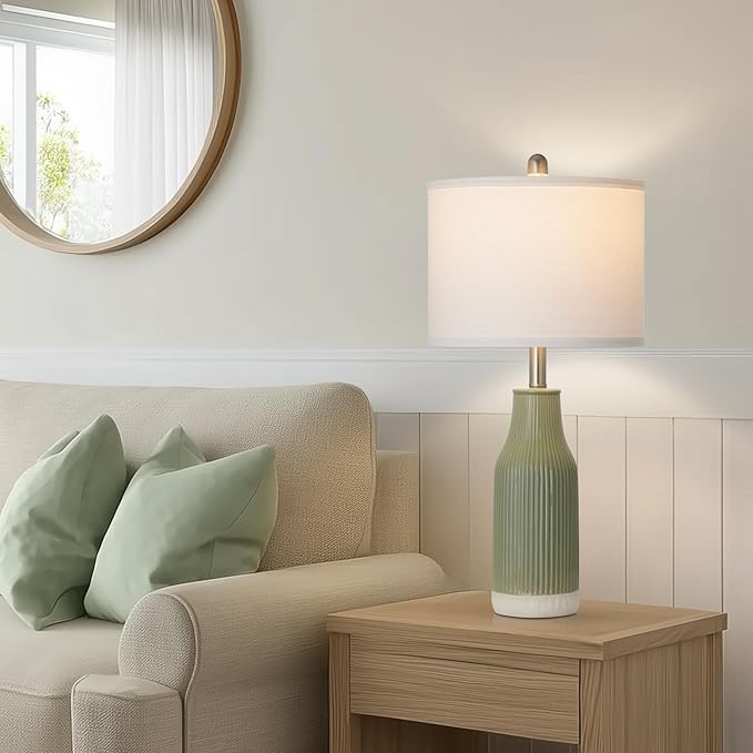 24.5" Ceramic Table Lamps Set of 2, Modern Farmhouse Bedside Lamps for Bedroom Nightstand, Small Light Green Lamp for Living Room End Table (2 LED Bulbs Included)
