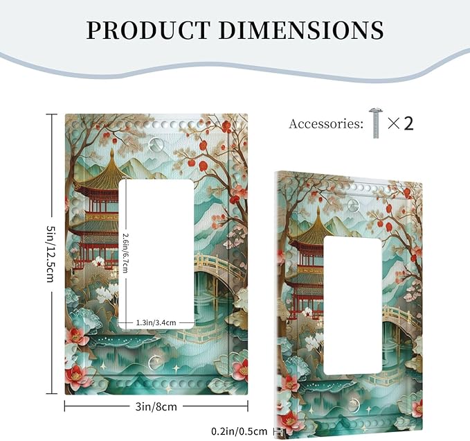 Asian Palace Traditional Bridge Cherry Blossoms Single Decora Outlet Wall Plate 1 Gang Rocker Decorative Switchplate Faceplate GFCI Light Switch Covers for Home Living Decor