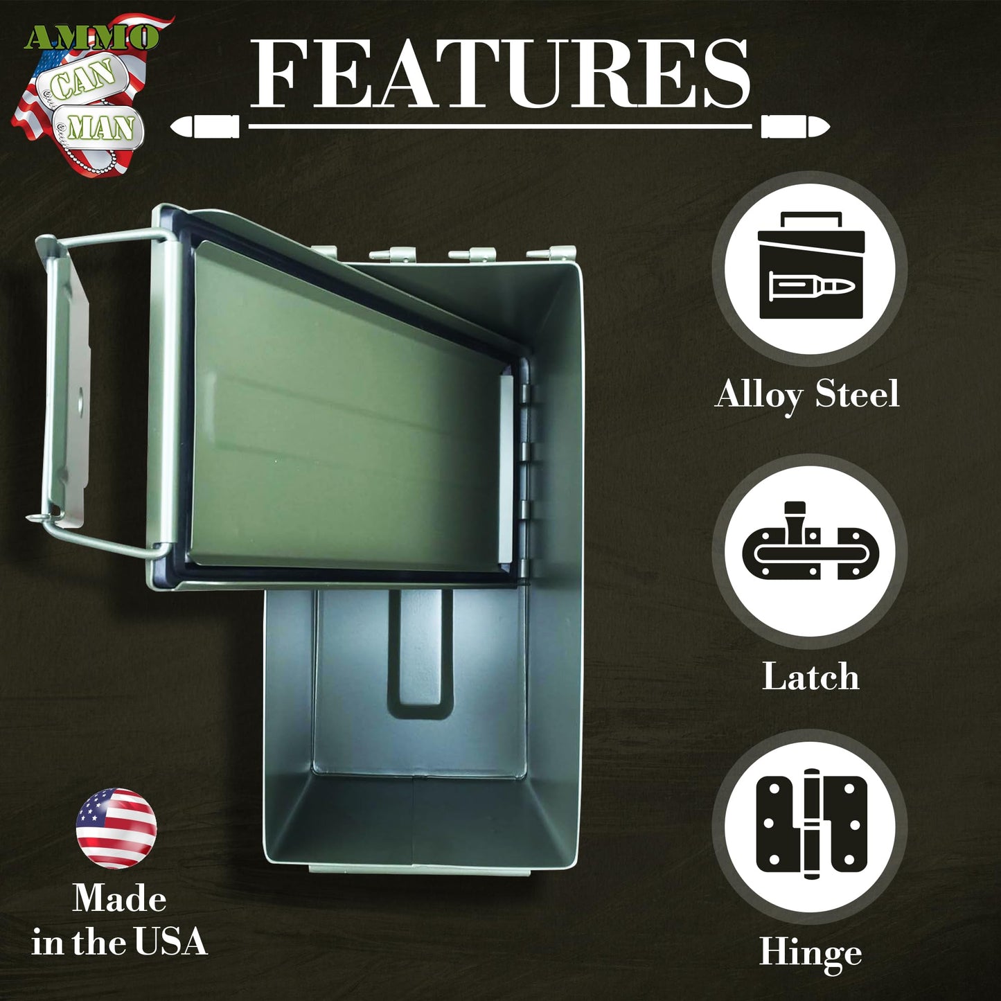 U.S. Military Issue 50 Cal Ammo Can (M2A1/M2A2), Solid Alloy Steel Storage Containers – Watertight & Airtight Army Ammo Box w/Hinged Lid, Locking Latch - Military Grade Ammo Cans Metal