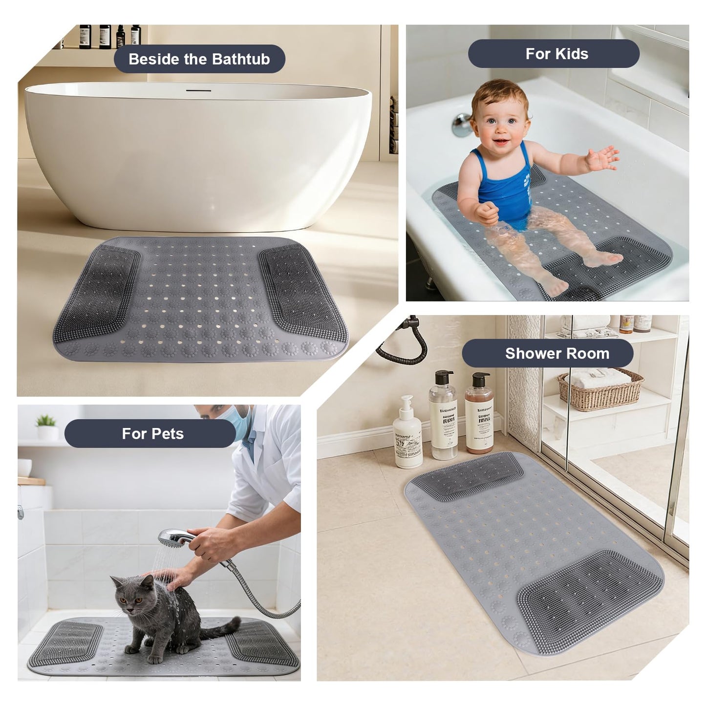 Rolcoassuns Bathtub Shower Mat Non Slip, 28.7x18.9 inch Silicone Bathroom Mat with Foot Scrubber on Both Sides, Drain Hole and Suction Cups, Machine Washable Bath Mats for Elderly, Pet (Gray)