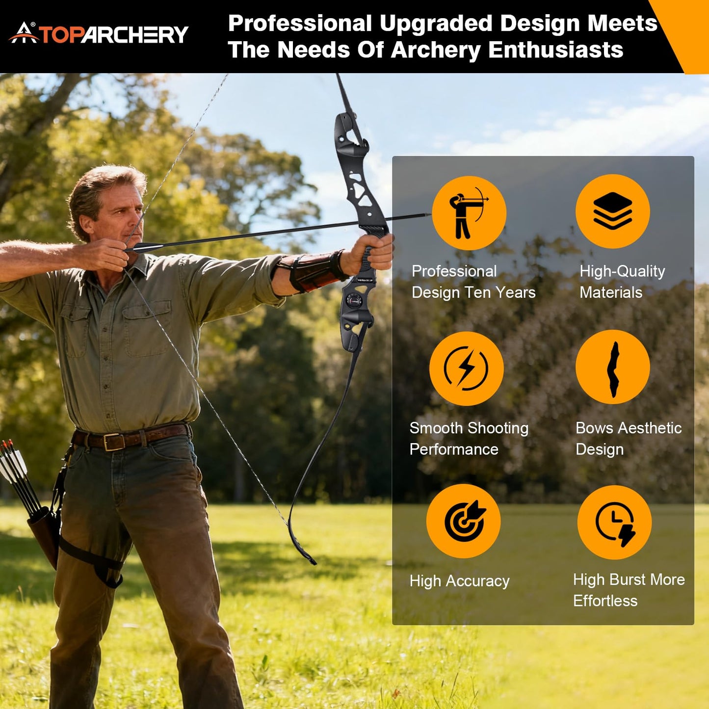 TOPARCHERY 62" Black Hunter Recurve Bow, ILF Interface Shock Absorption Takedown Hunting Recurve Bow for Adult & Youth Beginner, Longbow Archery Set for Outdoor Target Hunting Practice-25LBS-Black