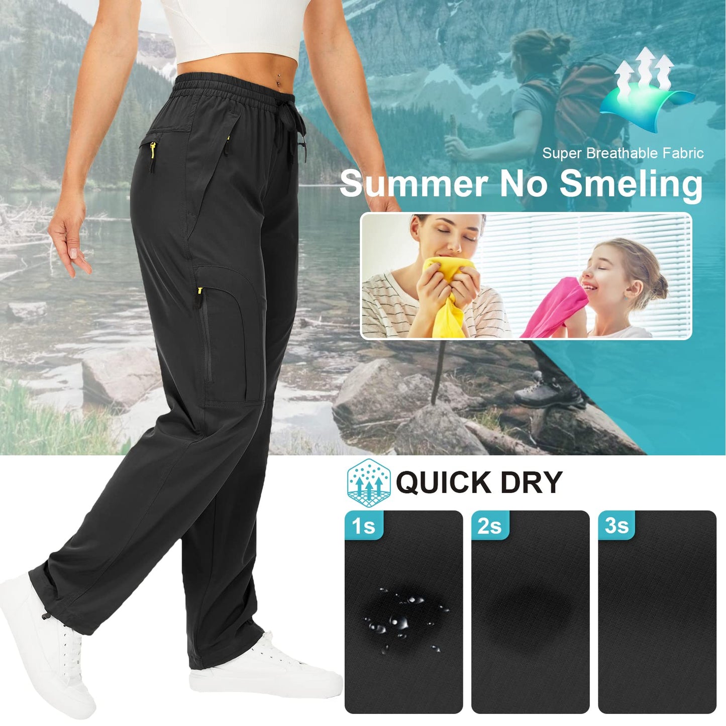 Womens Hiking Pants Sun Protection Quick Dry UPF 50 Lightweight Travel Golf Cargo Safari Pants Zipper Pockets,6608,Black,Tall XX-L