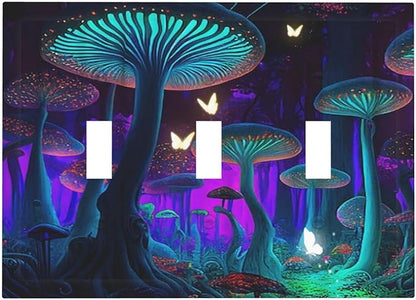 Fantasy Mushroom Forest Glowing Butterfly 3 Gang Wall Plates Decorative Triple Toggle Light Switch Cover Electrical Switchplate Unused Decorate Faceplate for Bathroom Home