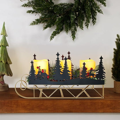 Christmas Centerpiece Table Decorations with Flickering Led Candle Lights Xmas Sleigh Silhouette Candelabrum for Dinning Room, Table, Fireplace, Mantel Holiday Decoration
