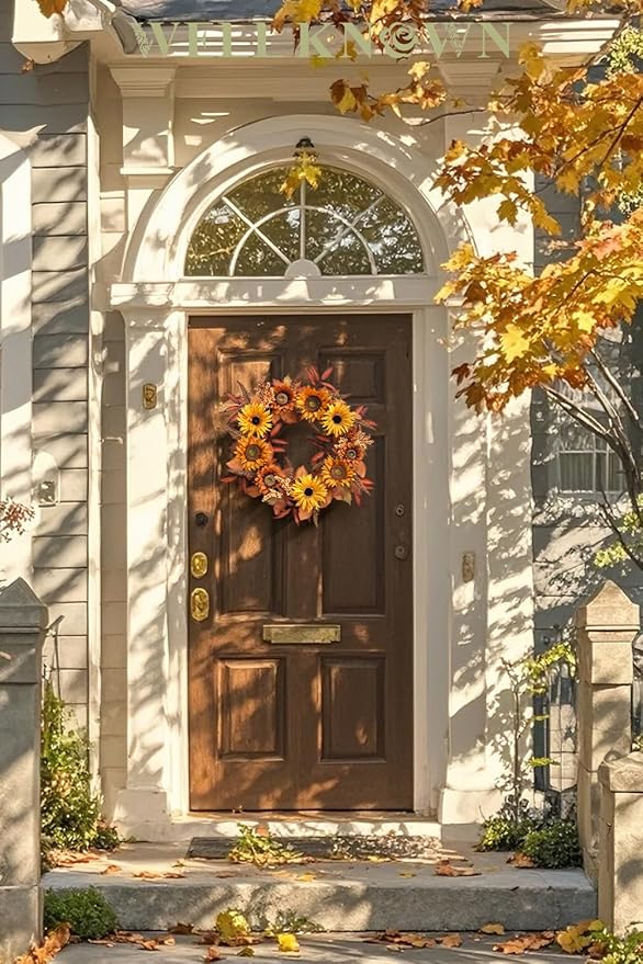 WELL KNOWN 21 Inch Burnt Orange Sunflower Wreaths for Front Door, Summer and Fall Door Wreath, Handmade Silk Sunflower Decor for Home Party Festival Wedding Decor
