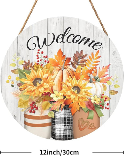 Fall Welcome Sign Door Sign 12"x12" Rustic Fall Decorations Hanging Door Sign Thanksgiving Farmhouse Welcome Round Wooden Sign for Home Front Door Wall Porch Yard Garden