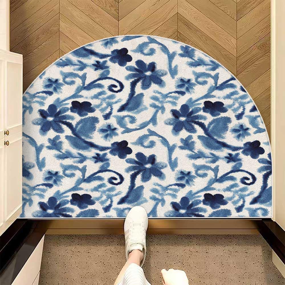 Mrcrypos Half Round Rugs Blue Small Flower Branches Non-Slip Semi Circle Area Rug Blue Flower Semi Circle Rug for Bedroom Bathroom Balcony Laundry Garage Holiday Decorative 24 X 36 Inch
