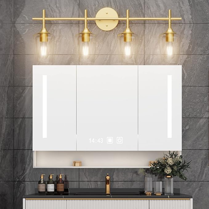 Ralbay 4-Lights Gold Vanity Light Fixture Vintage Gold Vanity Lights Wall Lighting Clear Glass Gold Bathroom Light Fixtures Over Mirror