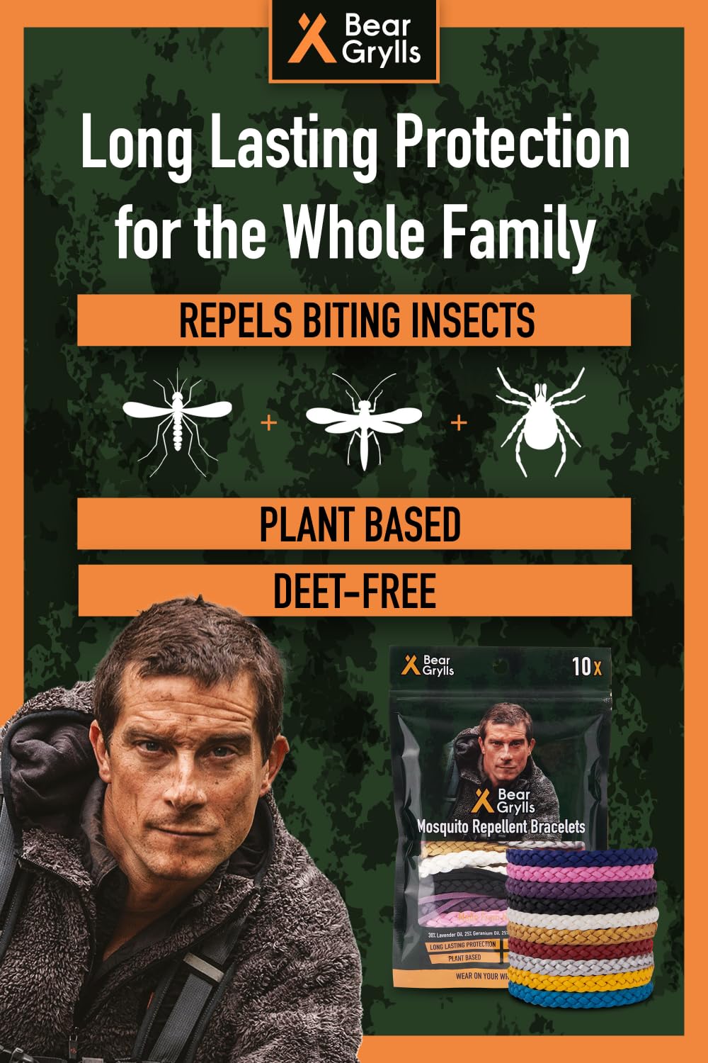 Bear Grylls Mosquito Repellent Bracelets | Crafted for Adventure | Adjustable Leather | DEET-Free | Long-Lasting Protection | Pack of 10
