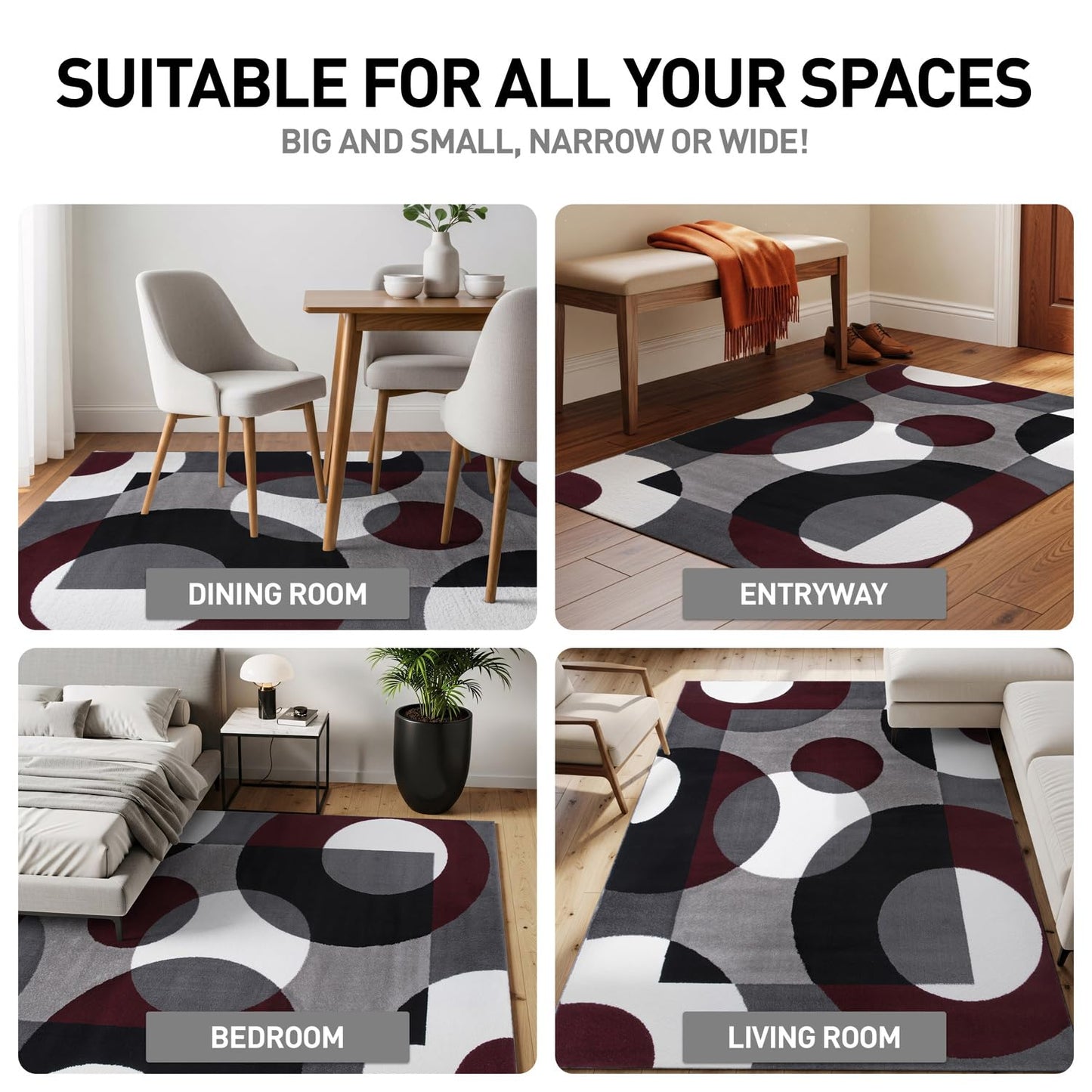 Rugshop Burgundy Hallway Runner Rug, Modern Circles, Non-Shedding, Durable for Hallway, Entryway and Kitchen, 2' x 10'