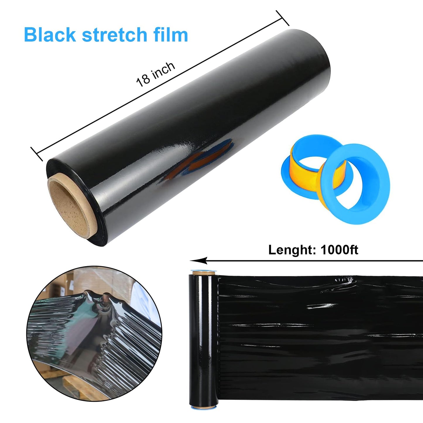 Black Pallet Wrap Stretch Film: 4 Pack Moving Wrapping Plastic Roll with 2 Handles, 18" Strength up to 800%, 80 Gauge Thick Shrink Wrap Roll for Pallet Packaging, Transportation, Stability, Protection