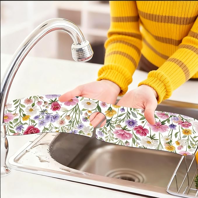 2 Pcs Kitchen Sink Splash Guard Faucet Mats Colorful Watercolor Flowers and