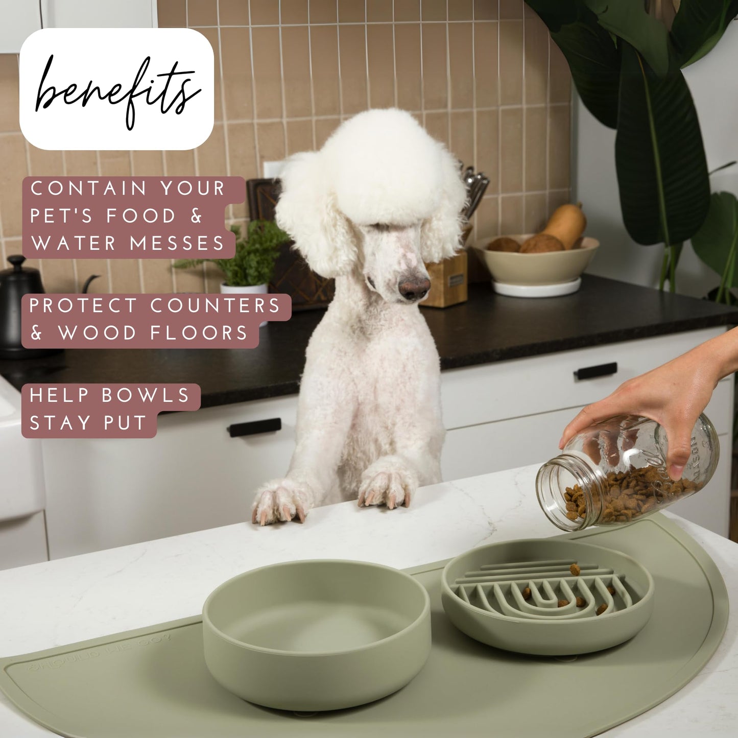 Should We Go? Waterproof Silicone Dog Food Mat – Large Size Non-Slip Pet Bowl Mat, Raised Edge Design, Easy-to-Clean Pet Food Placemat for Dog & Cat Bowls, 28" Across x 14" Deep - Blush