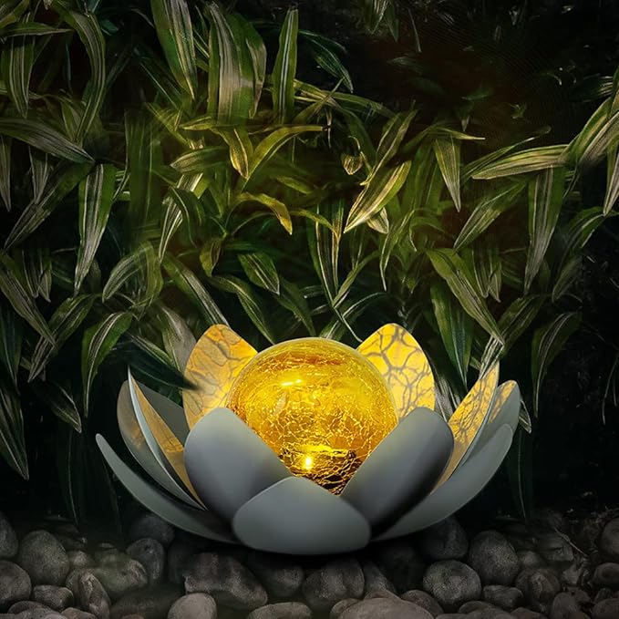 Huaxu Solar Lights Outdoor Garden Decor , Amber Crackle Globe Glass Lotus Decoration,Waterproof Gray Metal Flower Light for Patio,Lawn,Walkway,Tabletop,Ground