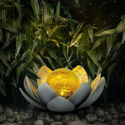 Huaxu Solar Lights Outdoor Garden Decor , Amber Crackle Globe Glass Lotus Decoration,Waterproof Gray Metal Flower Light for Patio,Lawn,Walkway,Tabletop,Ground