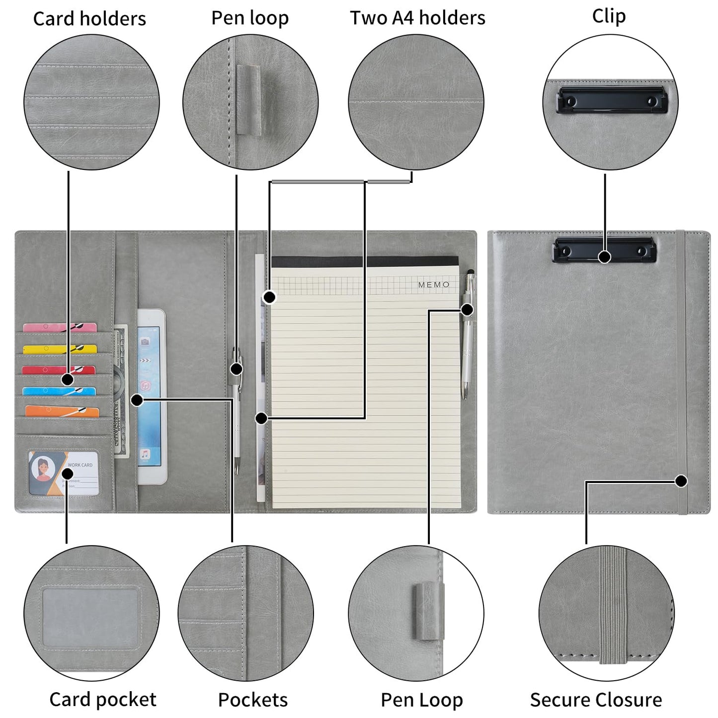Wonderpool A4 PU Leather Clipboard Partfolio Notepad Forms Holders Document Case - Interview Planner Meeting Writing Padfolio File for Office Travel School Hotel (Grey, A4)