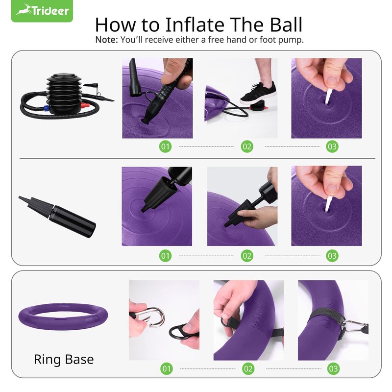 Trideer Yoga Ball Chair With Base & Bands for Home Gym Workout - Exercise Ball for Abs, Stability & Balance Seat to Relieve Back Pain (L(23-26ines/58-65cm), Purple)